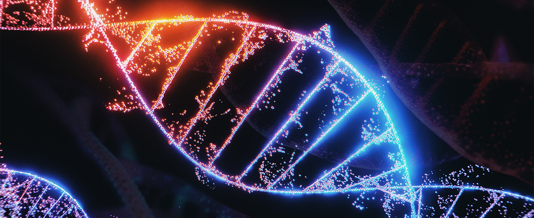 A digitized photo of a DNA strand in black space